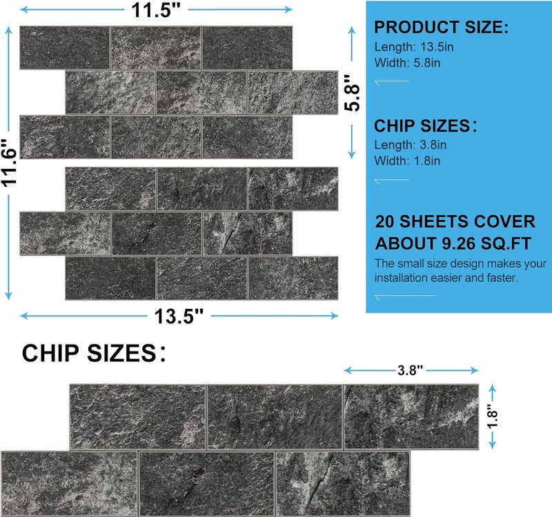 V-MOZZA 20-Sheet Peel and Stick Backsplash PVC Wall Tile, Stickon Tile for Kitchen Backplash, Bathroom Vanities, Fireplace Decor, Laundry Table, Stair Decals in Dark Granite, Plastic-Sheets - Image 5
